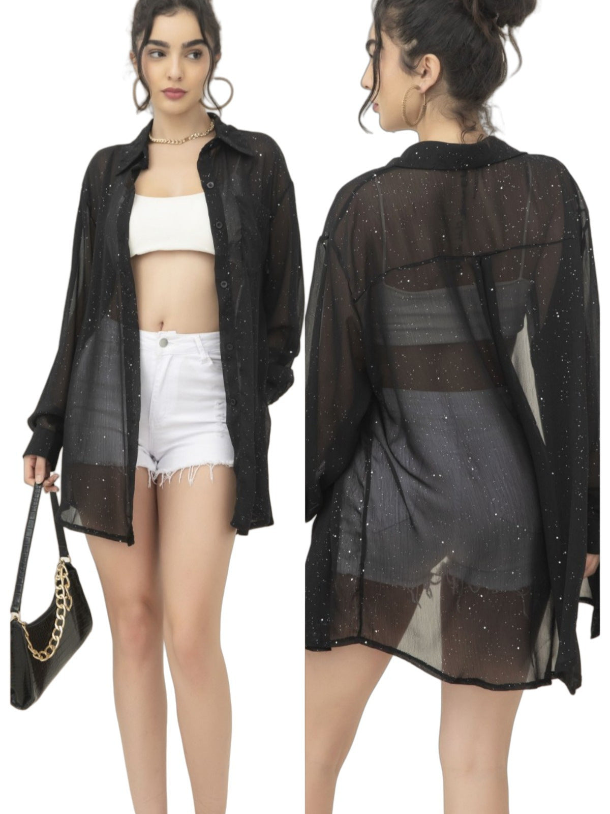 Women's Fashion Long Sleeve Turndown Collar Sequined Shirt Casual Blouse 3