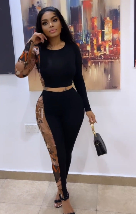 Sexy Printed Patchwork Contrast Slim Fit Long Sleeve Two-Piece pants Set 3