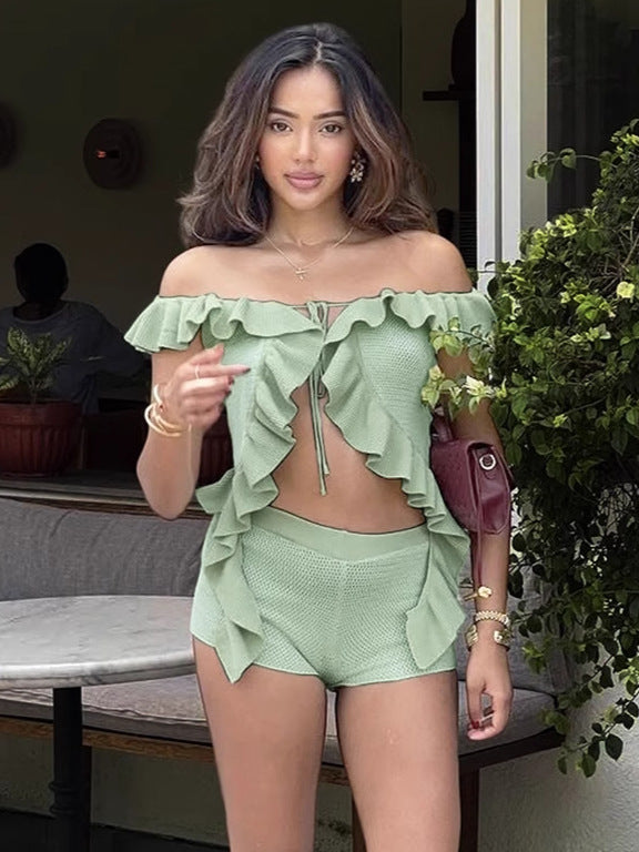 Women Summer Sexy Off Shoulder Lace-up Crop Top Shorts Two-piece Set 6