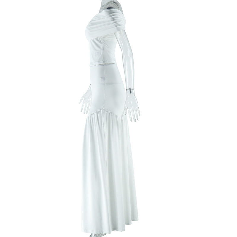 Women's Solid Color Sexy Off Shoulder Slim Top Pleated Skirt Trendy Two Piece Set 6