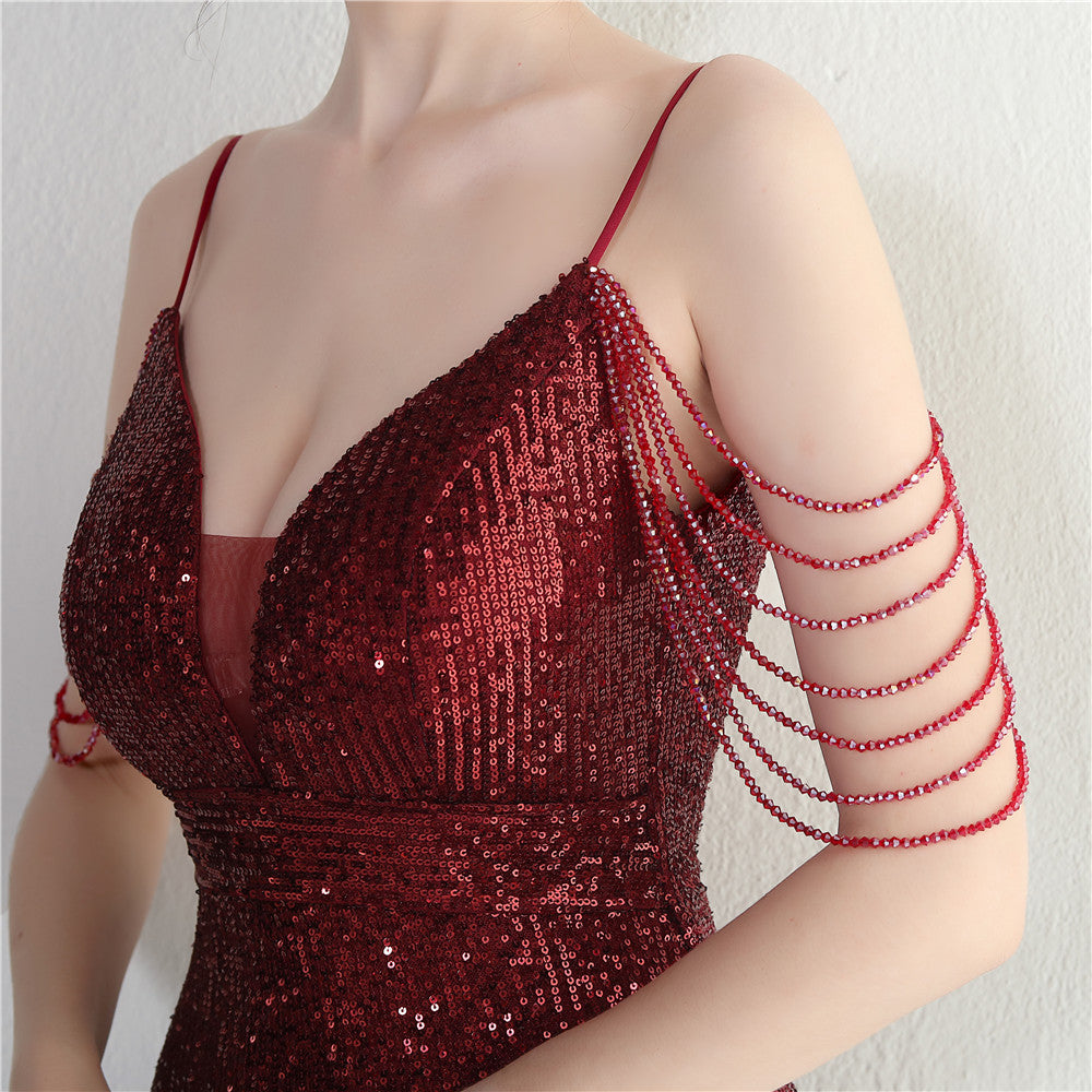 Women Straps Beaded Sequined Strap Sexy Evening Dress 42