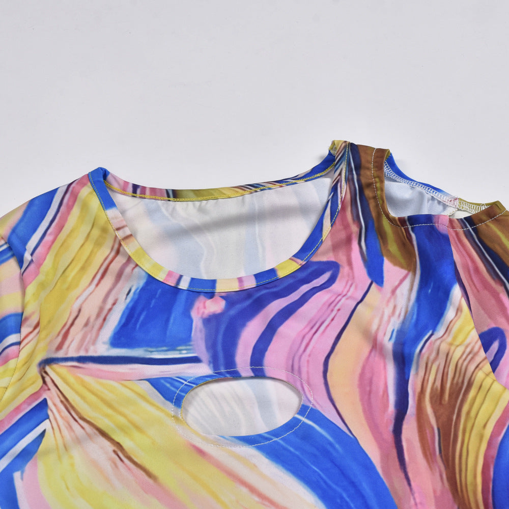 Women Sexy Cutout Off-Shoulder Contrast Round Neck Dress 8