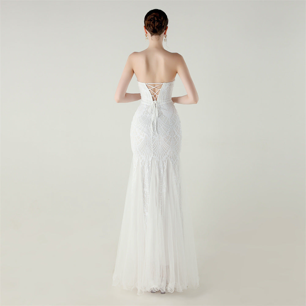 Women Strapless cross Lace-Up sequined tube flower sequined mesh evening dress Formal Party evening dress 70