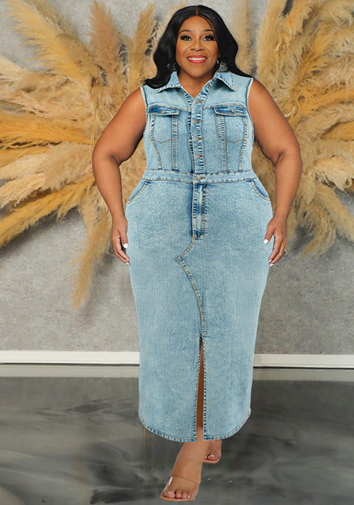 Plus Size Women's Sleeveless Turndown Collar Slit Denim Dress