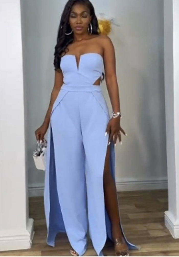 Women V-neck hollow backless patchwork split jumpsuit