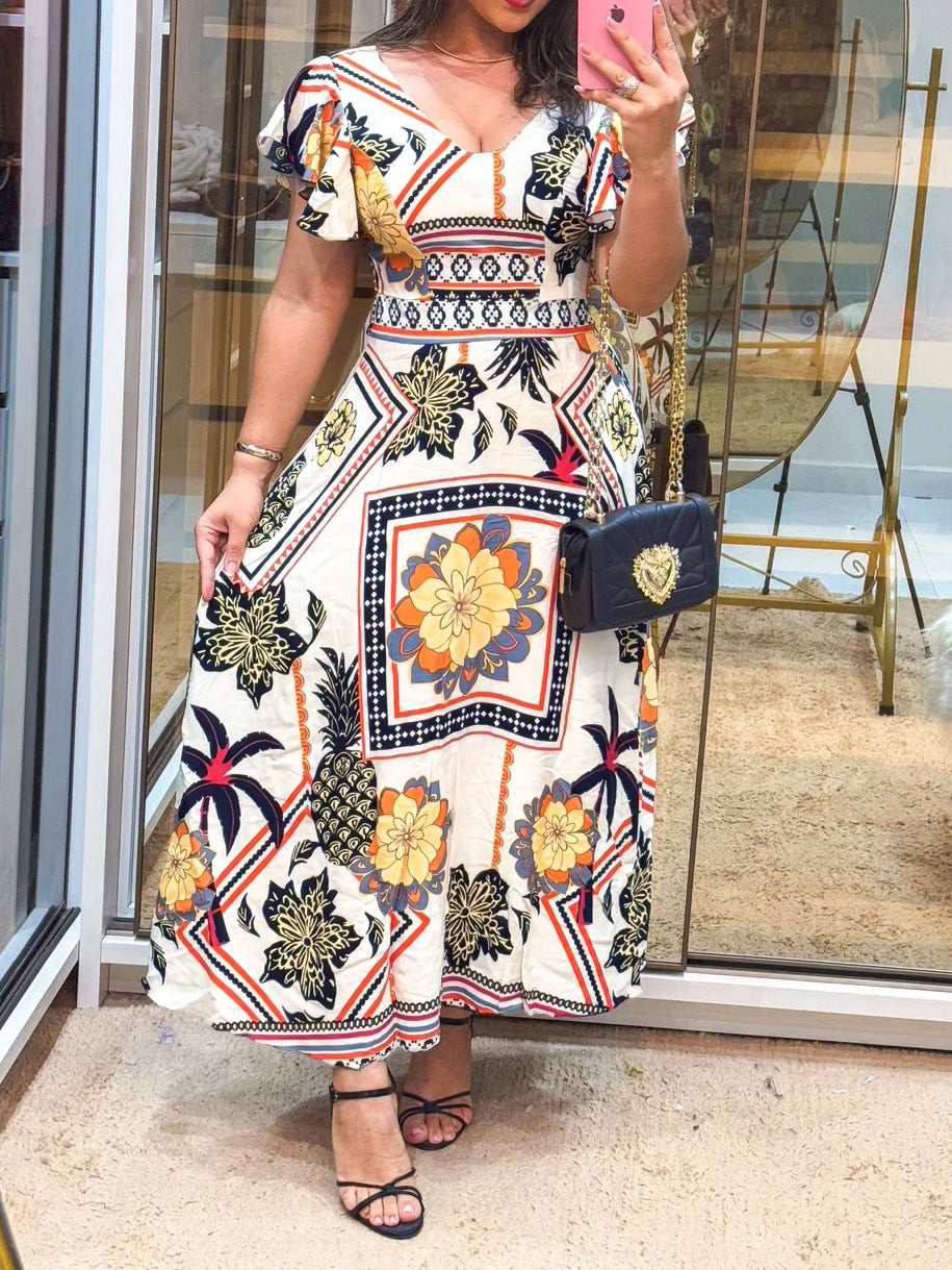 Women Print Holidays Casual Ruffle Sleeve V-Neck Floral Dress