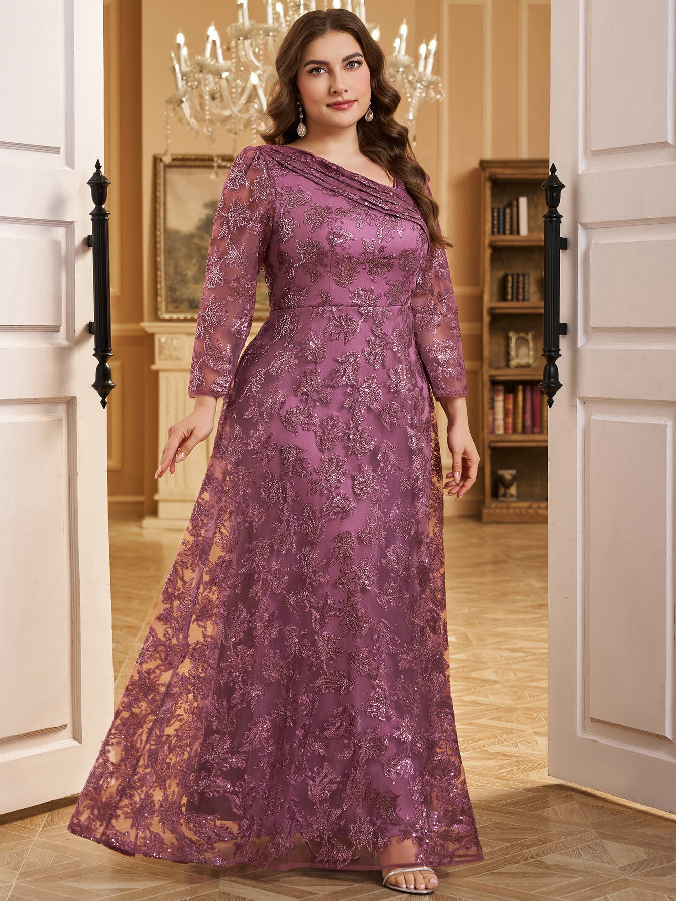 V-Neck PurpleMesh Sequin Embroidery Elegant Evening Dress 5