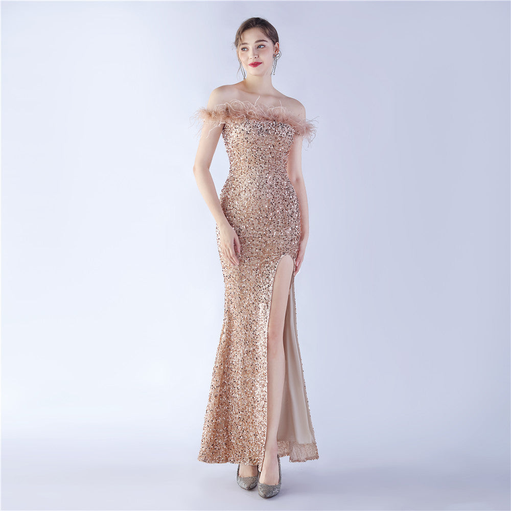 Women Sequined Ostrich Feather Off Shoulder Evening Gown 5