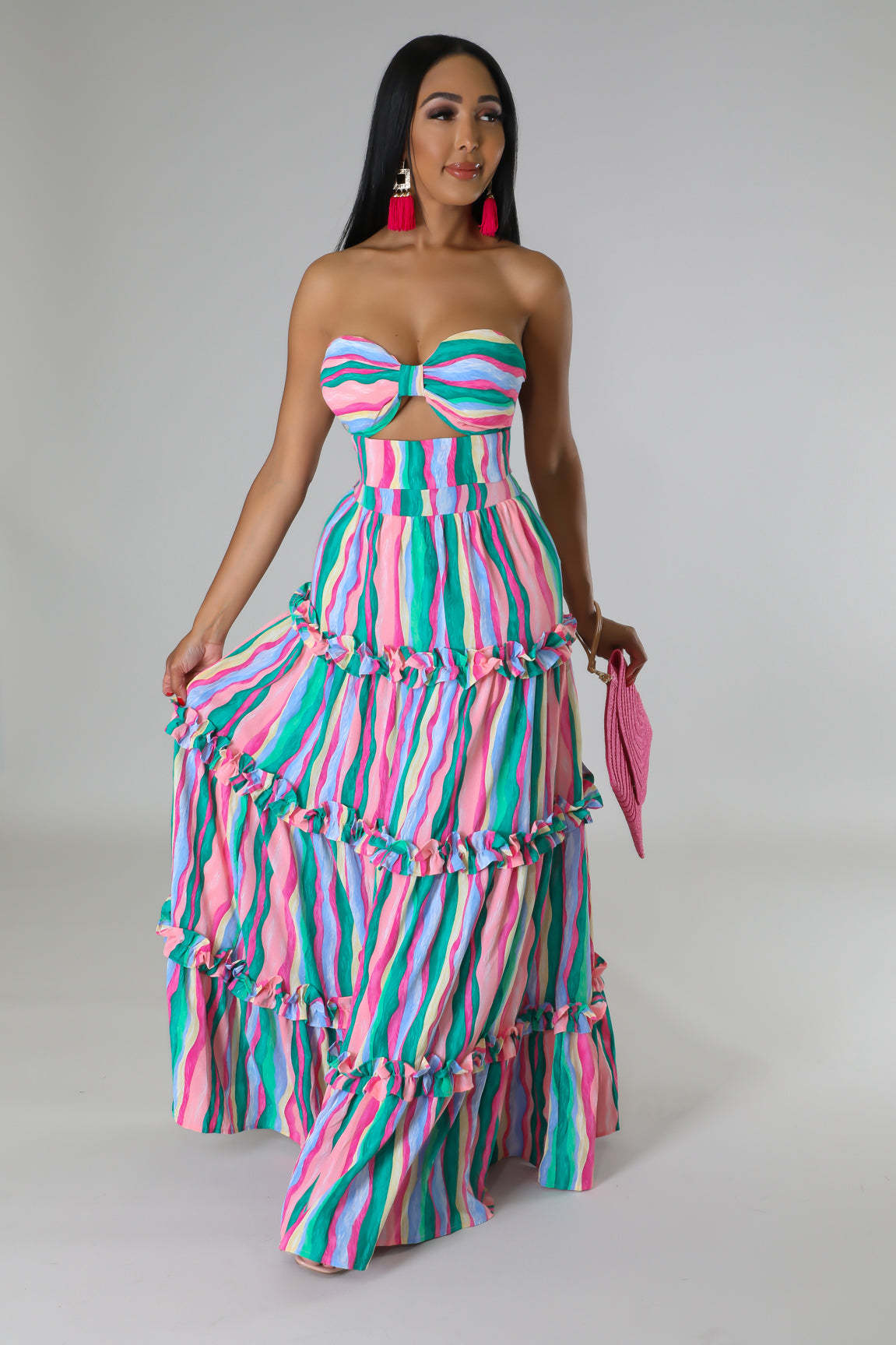 Women strapless striped print fashion Top and long skirt two-piece set 8