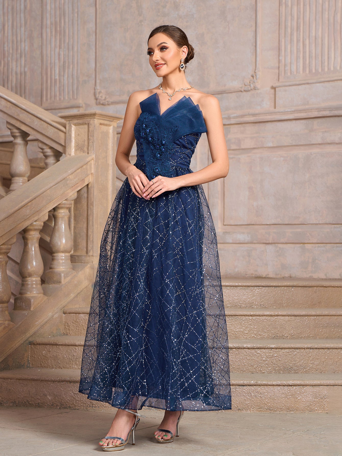 Blue Strapless Mesh Sequins Patchwork Ladies Evening Dress 5