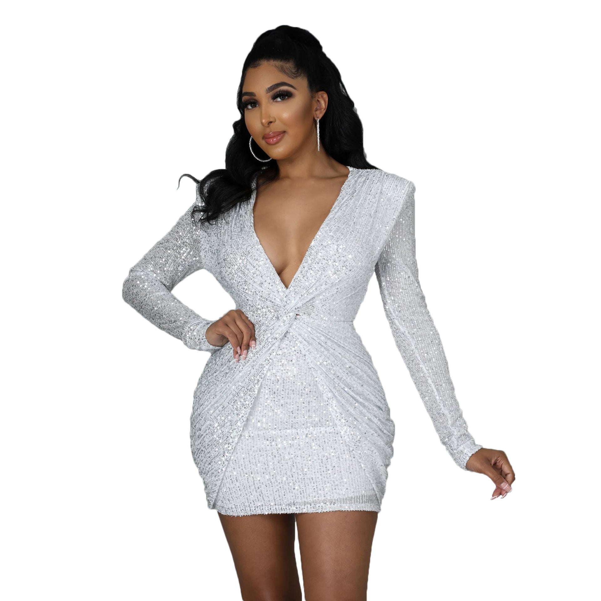 Women'S Spring Fashion Sequin V-Neck Ruched Slim Fit Bodycon Dress 7