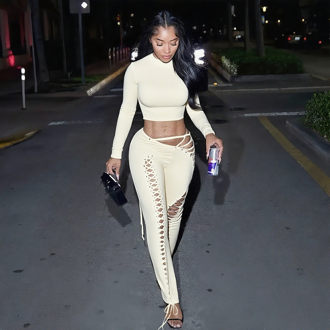 Women Fall/Winter Long-Sleeved Sexy Cutout Lace-Up Pants Two-Piece Set 21