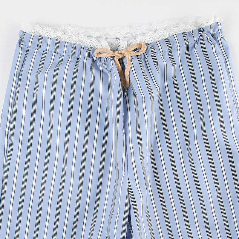 Women Summer Multi-Color Striped Lace Up Loose Wide Leg Pants 12