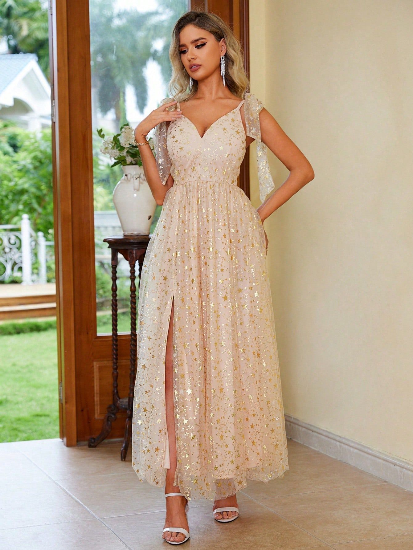 Women elegant printed lace-up slit dress 3