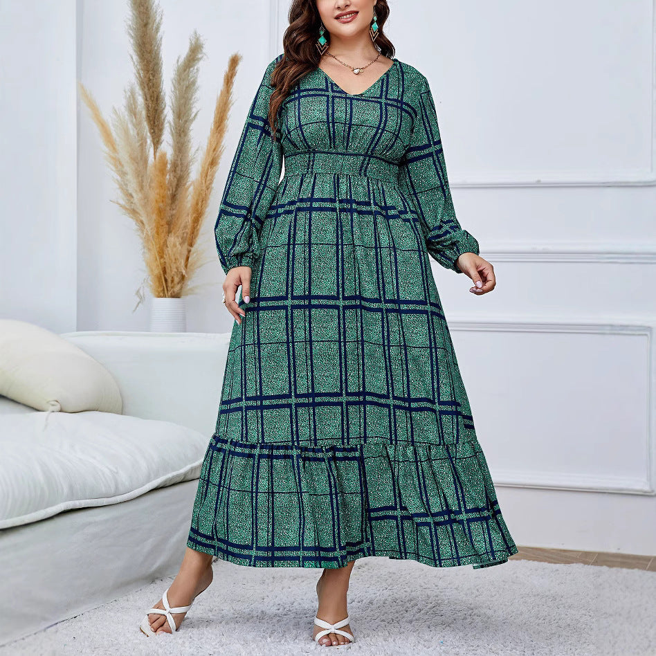 Spring And Autumn Loose High Waist Plaid Print Plus Size Dress 6