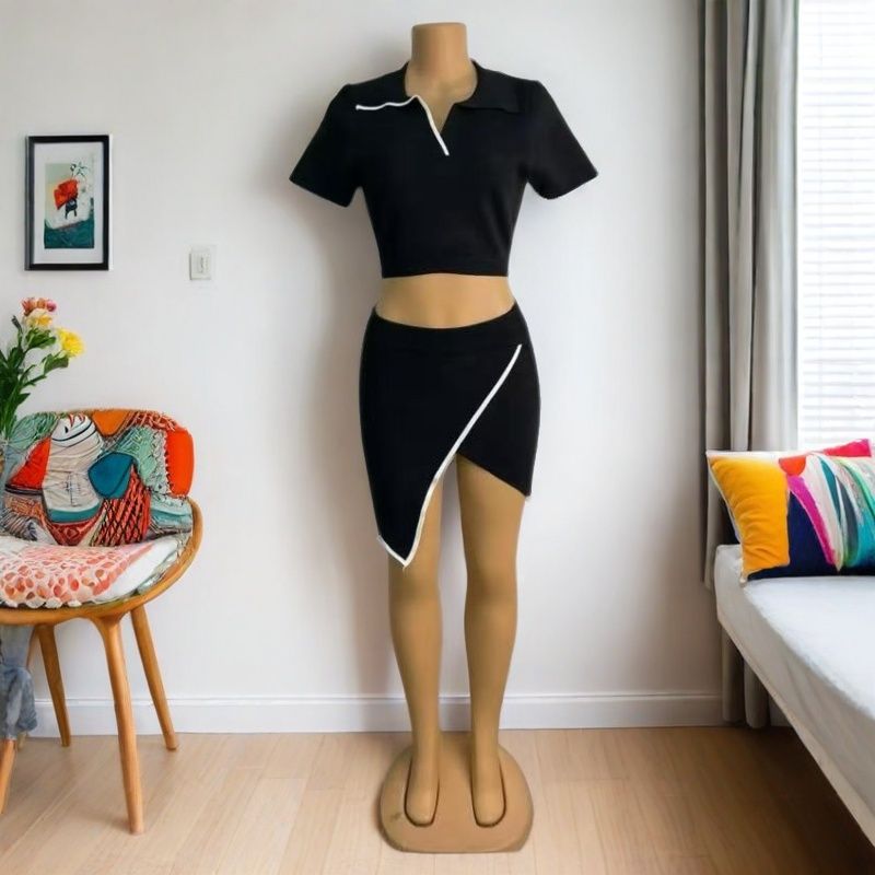 Women Sexy Turndown Collar Short Sleeve Top and Split Skirt Two-piece Set