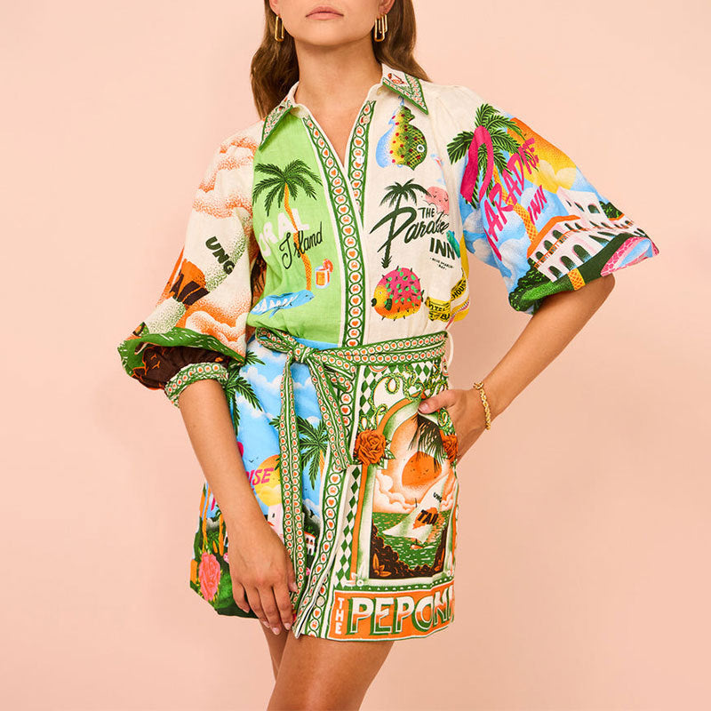 Women's Casual Fashion Printed Turndown Collar Short Dress 4