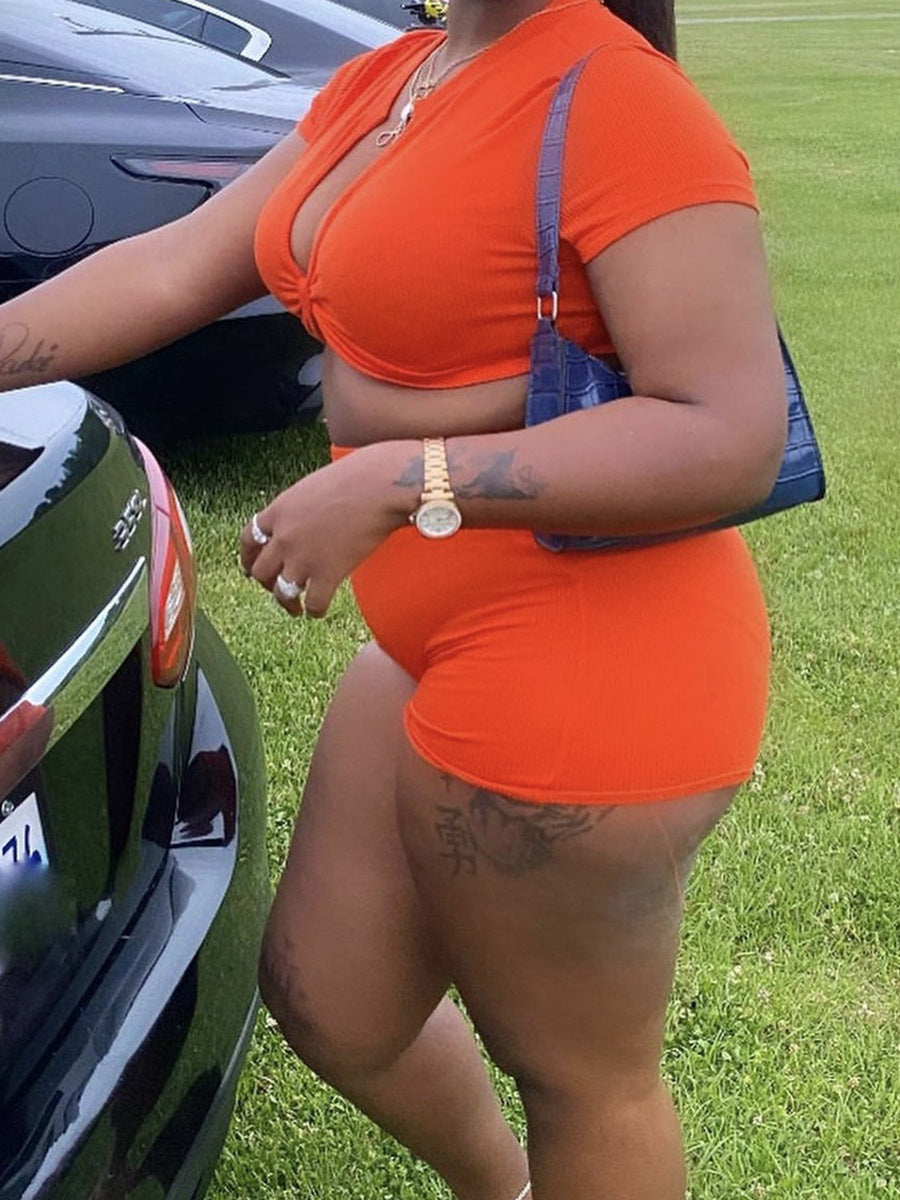 Women sexy v-neck crop top and shorts two-piece suit
