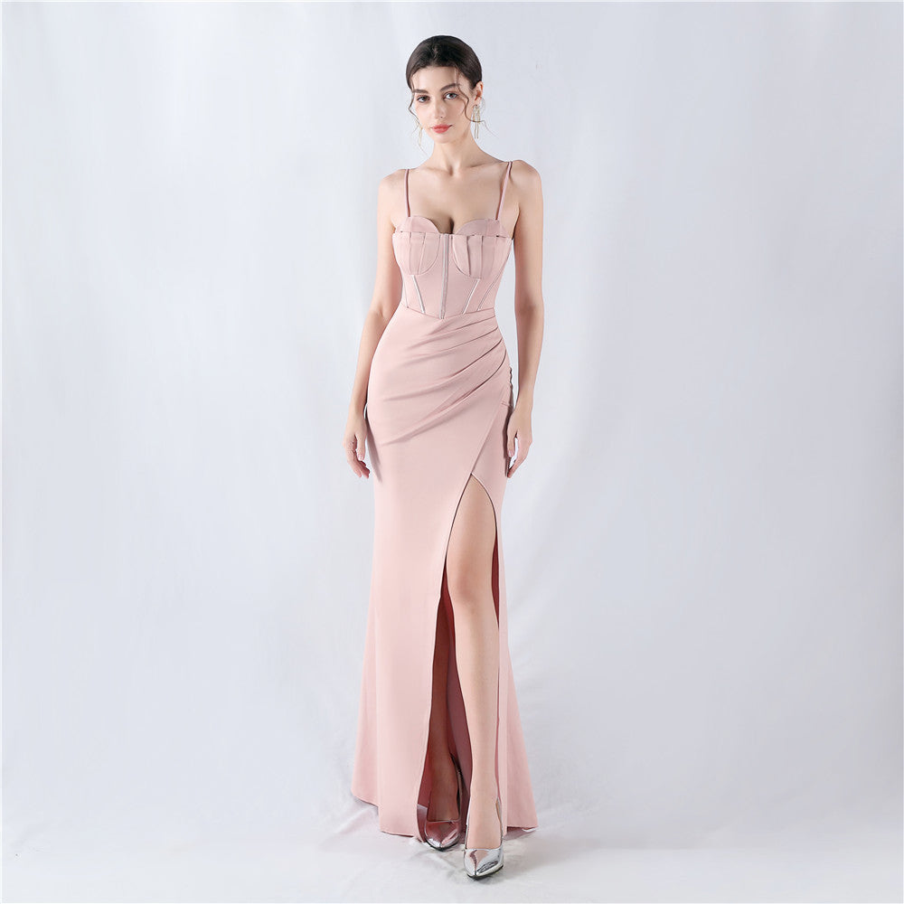 Fishbone Slim Waist Solid Color Satin Evening Dress 3