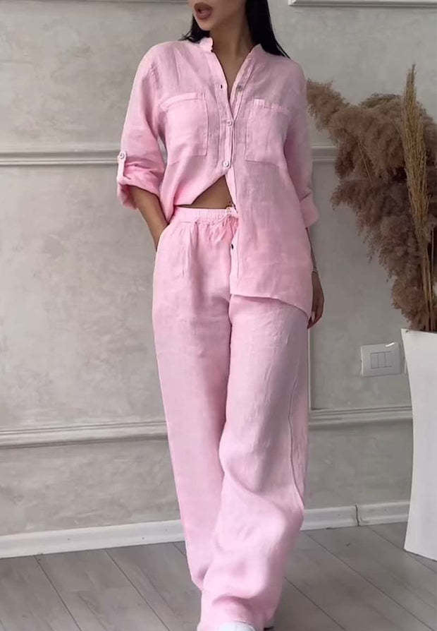 Women Casual Solid Shirt Wide Leg Pants Two Piece Set 7