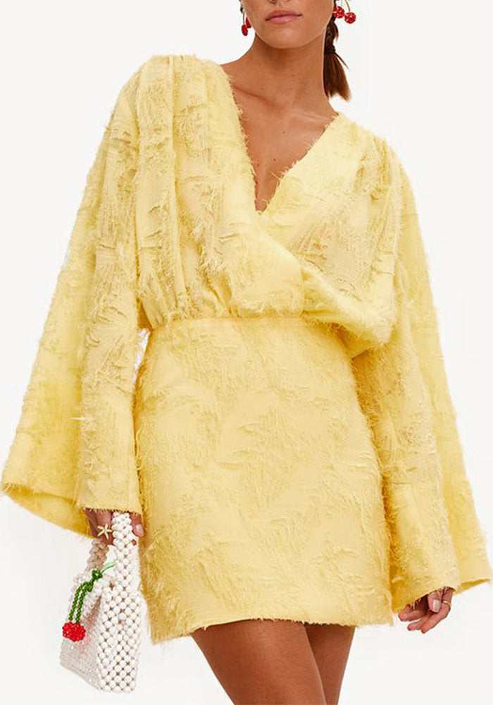 Spring And Autumn Solid Color Jacquard Long Sleeve V-Neck Loose Dress Women's Clothing