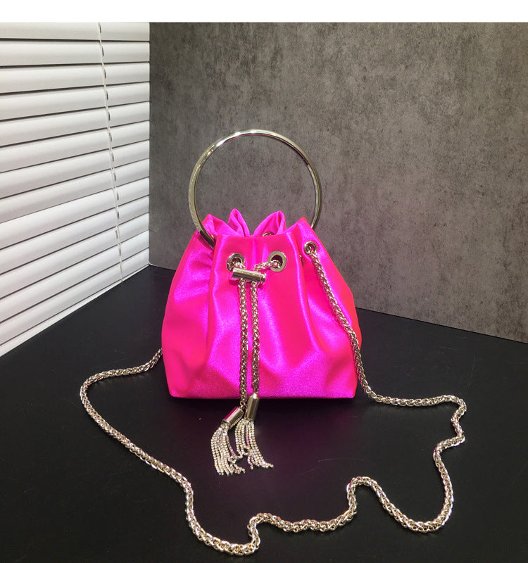 Women's Dinner Bag Flash Diamond Tassel Drawstring Satin Handheld Mini Bucket Bag Chain Messenger Bag 10