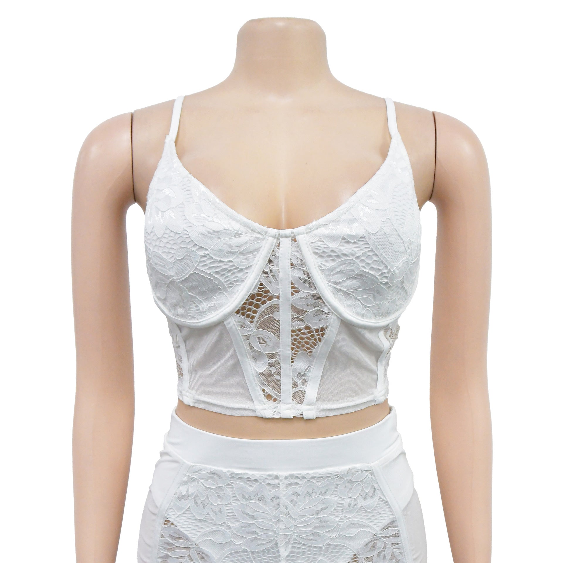 Women Solid Sexy Lace Sleeveless Top and Shorts Two-piece Set 25