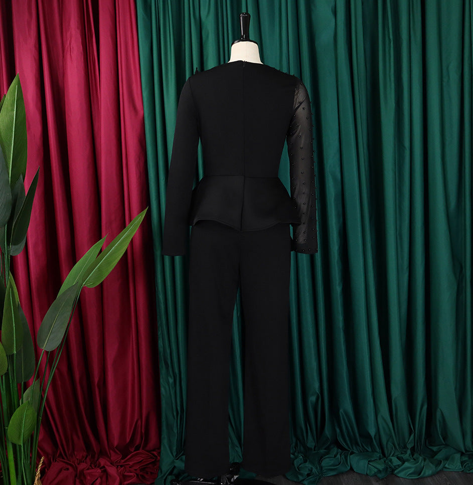 Long Sleeve Chic Mesh Patchwork Beading Slim Fit Formal Party Plus Size Jumpsuit 18