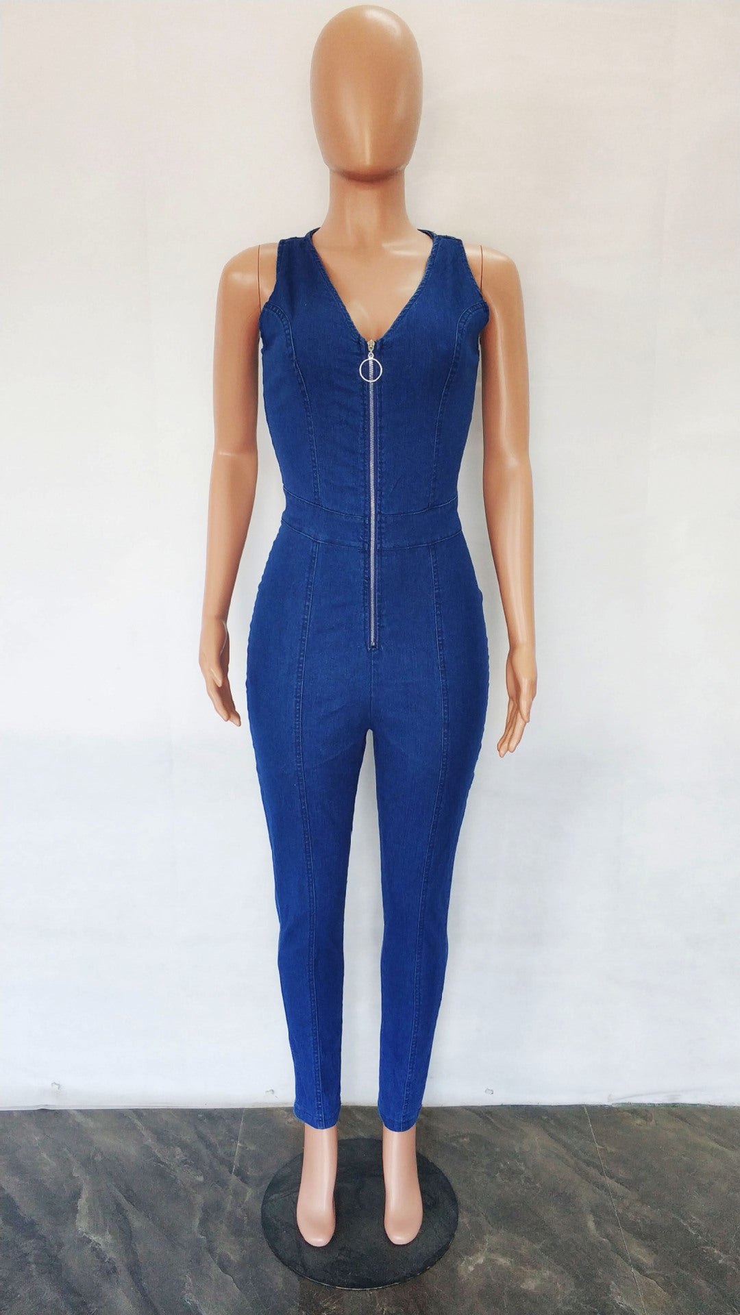 Women Sexy Sleeveless Zipper Slim Denim Jumpsuit 8