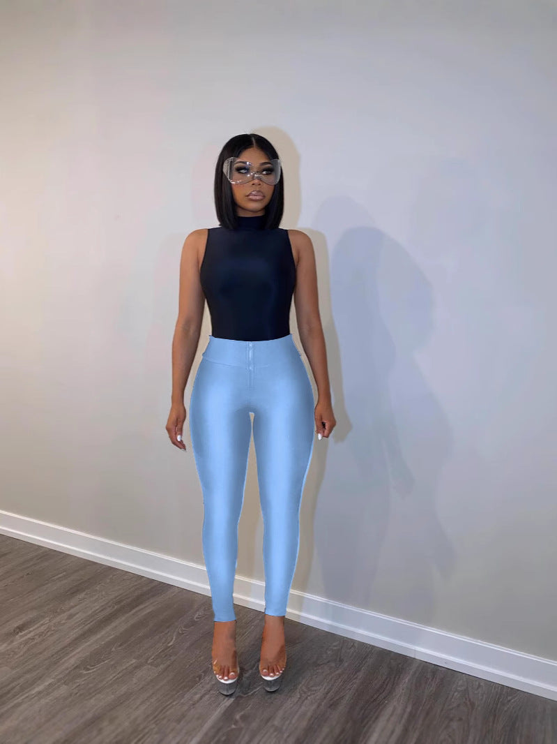 Women Summer Solid Stretchy Zipper Pants 9