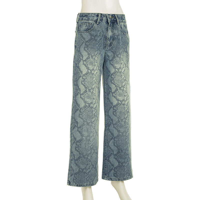 Women Street Snake Print Casual Denim Trousers 8