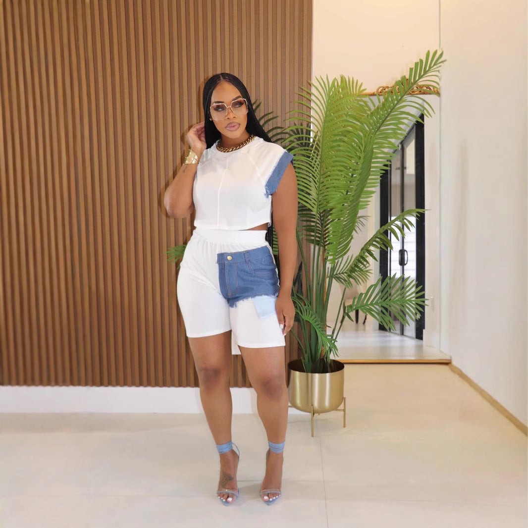 Women's Casual Denim Patchwork Short Sleeve Top Shorts Two-piece Set 9