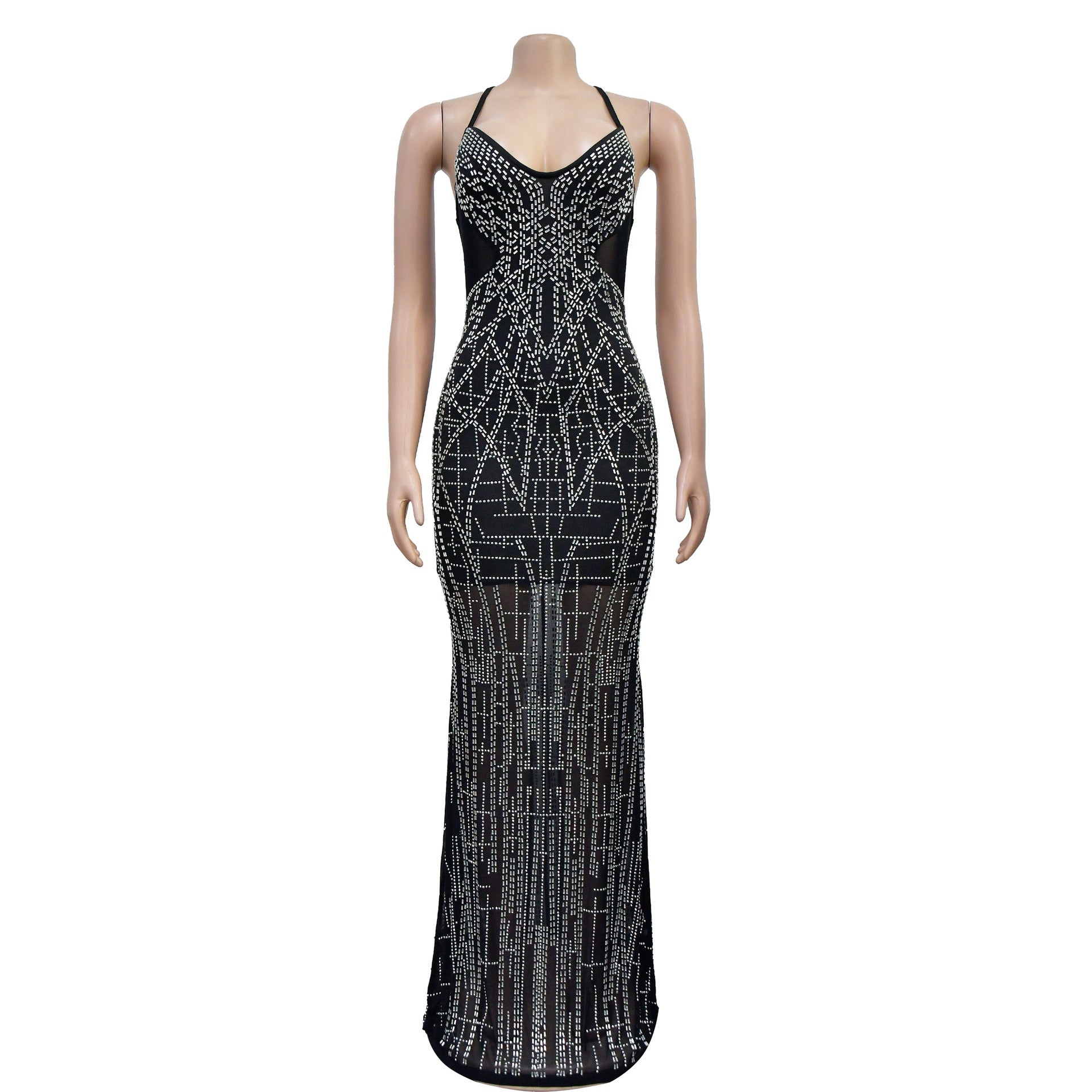 Fashion Women's Solid Color Mesh Beaded Straps Long Dress 13