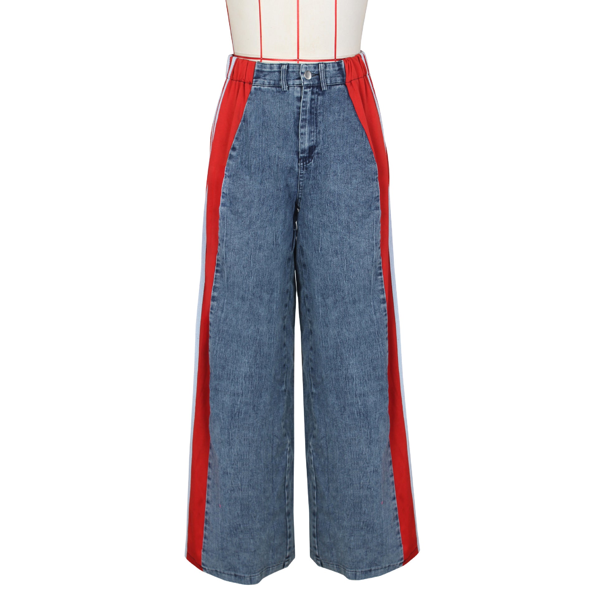 Summer Fashion Patchwork Three Stripes Wide Leg Denim Pants Women's Casual High Waist Stretch Straight Jeans 25