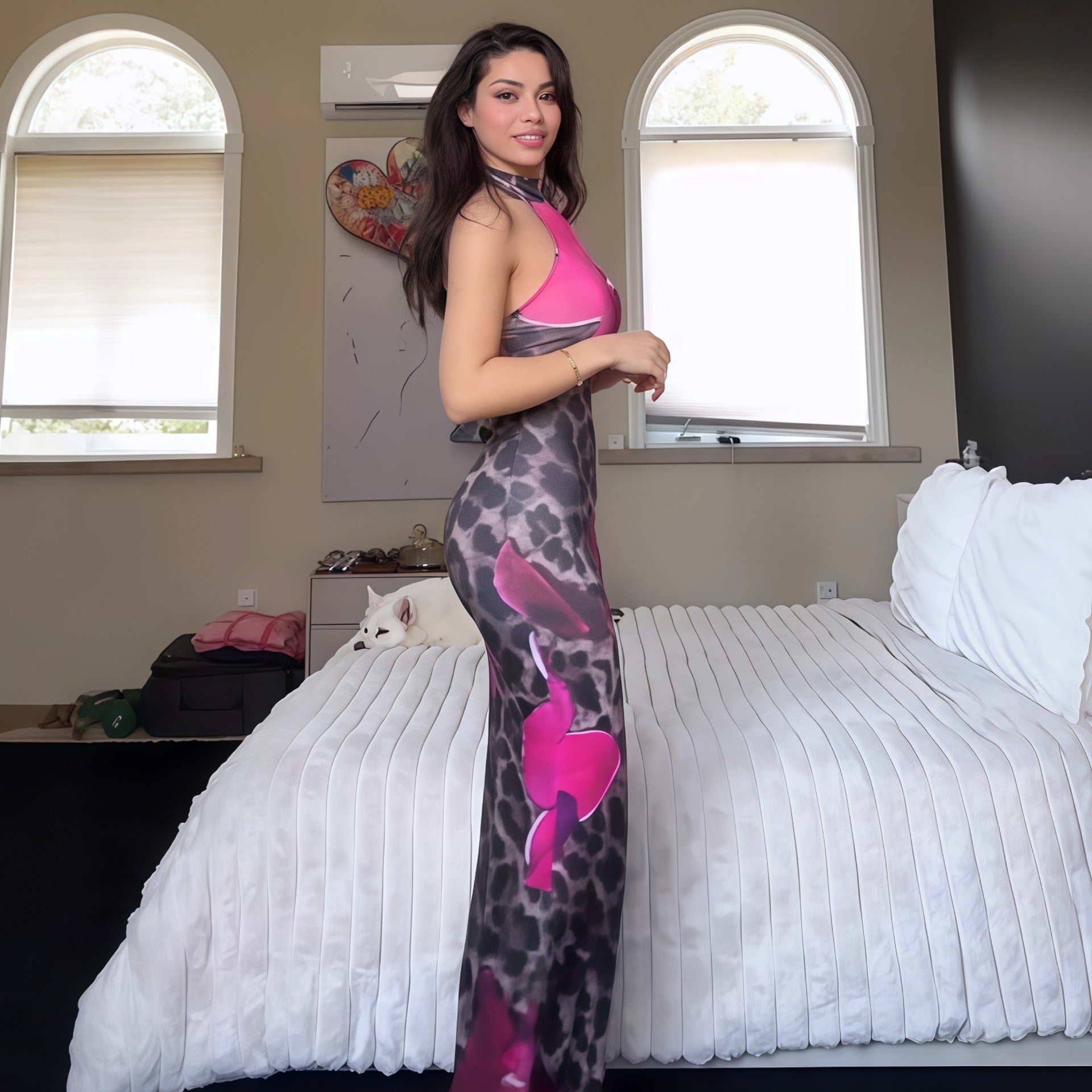 Women Summer Sexy Leopard Print Round Neck Backless Bodycon Dress