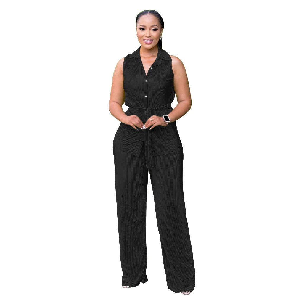 Fashionable Women's Sleeveless Pleated Casual Two Piece Pants Set 6