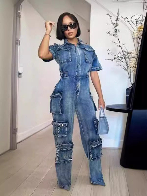 Women Cargo short sleeve Turndown Collar Denim Jumpsuit 3