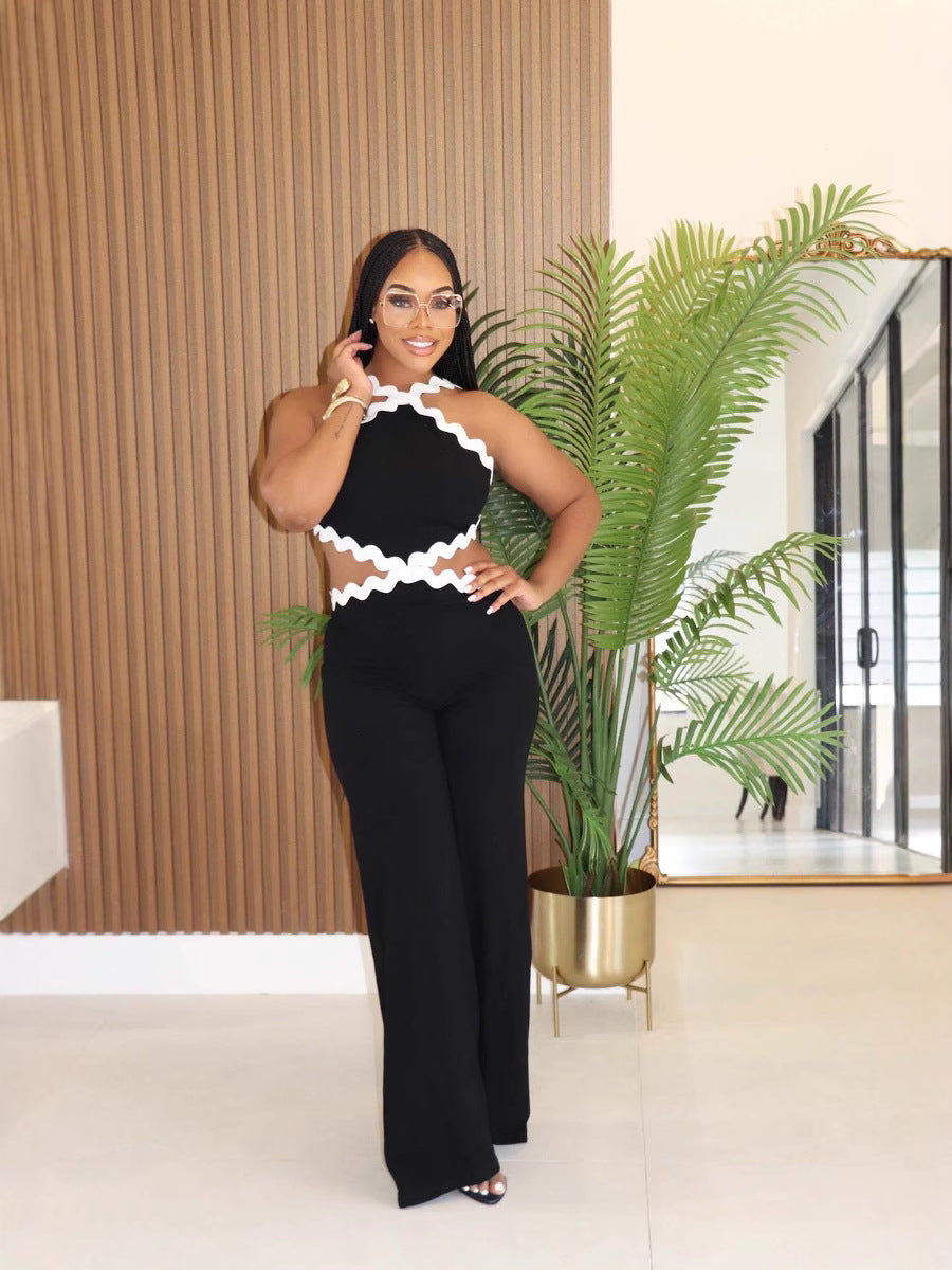 Women Wave Line Patchwork Sleeveless Wide Leg Jumpsuit 5