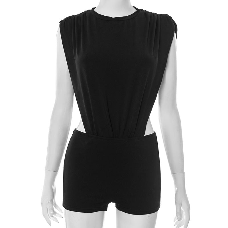 Women's Round Neck Sleeveless Side Cutout Bodysuit Top Tight Fitting Shorts Two-Piece Set 8