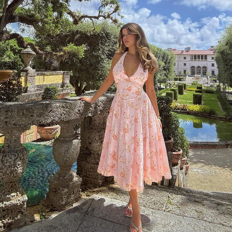 Autumn Women's Sexy Slim Print Halter Neck A-line Dress 4