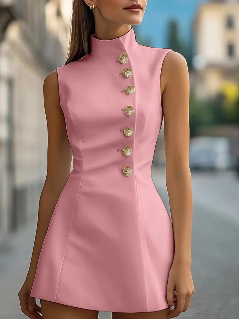 Autumn Women's Chic Slim Solid Color Stand Collar Sleeveless Blazer Dress 4