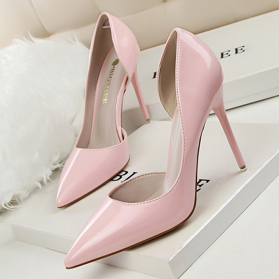 Fashionable High-Heeled Patent Leather Stiletto Shallow Mouth Pointed Toe Hollow Sexy High-Heeled Shoes 16