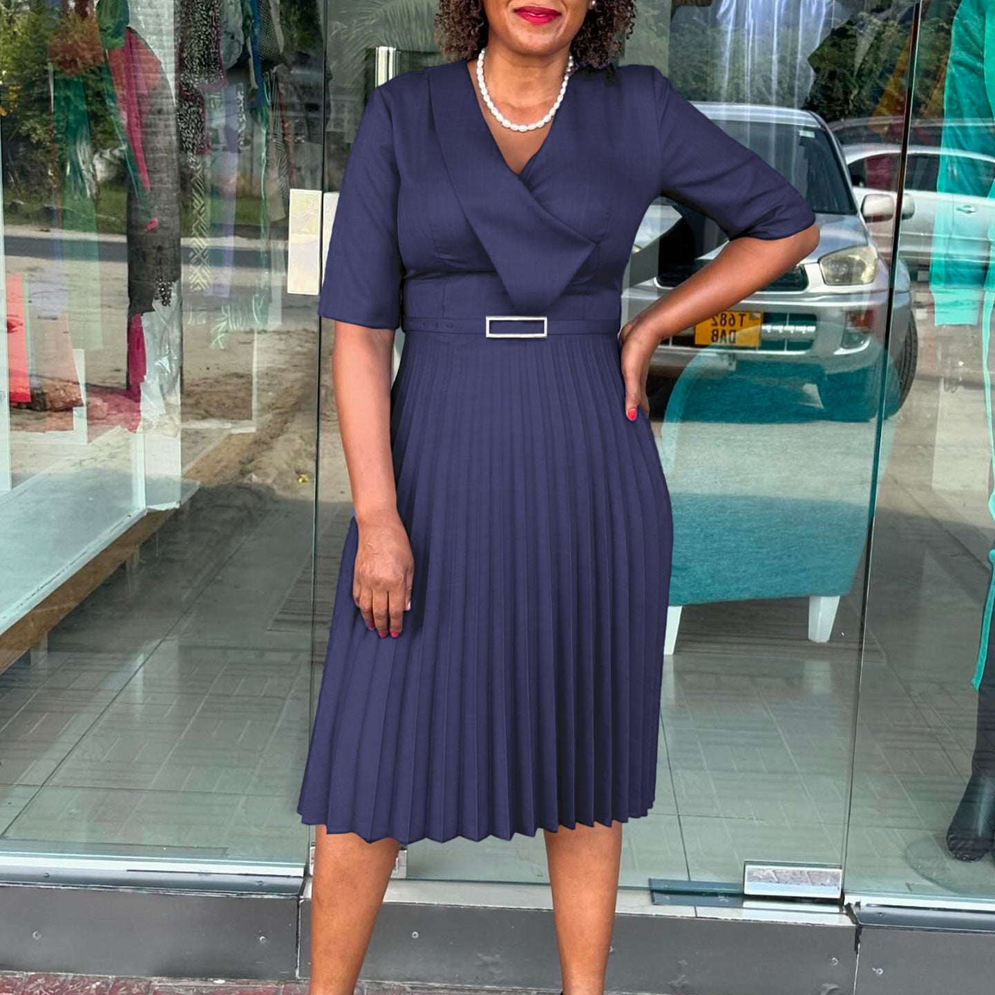 Plus Size Women's Summer Fashion Solid Color Elegant V Neck Pleated African Dress