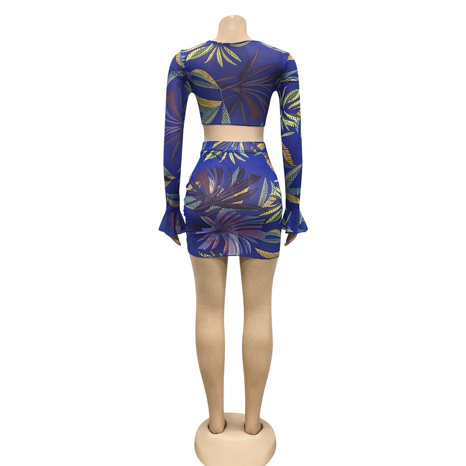 Women Printed V-Neck Lace-Up Long-Sleeved Top and Drawstring Skirt Two-Piece Set 22