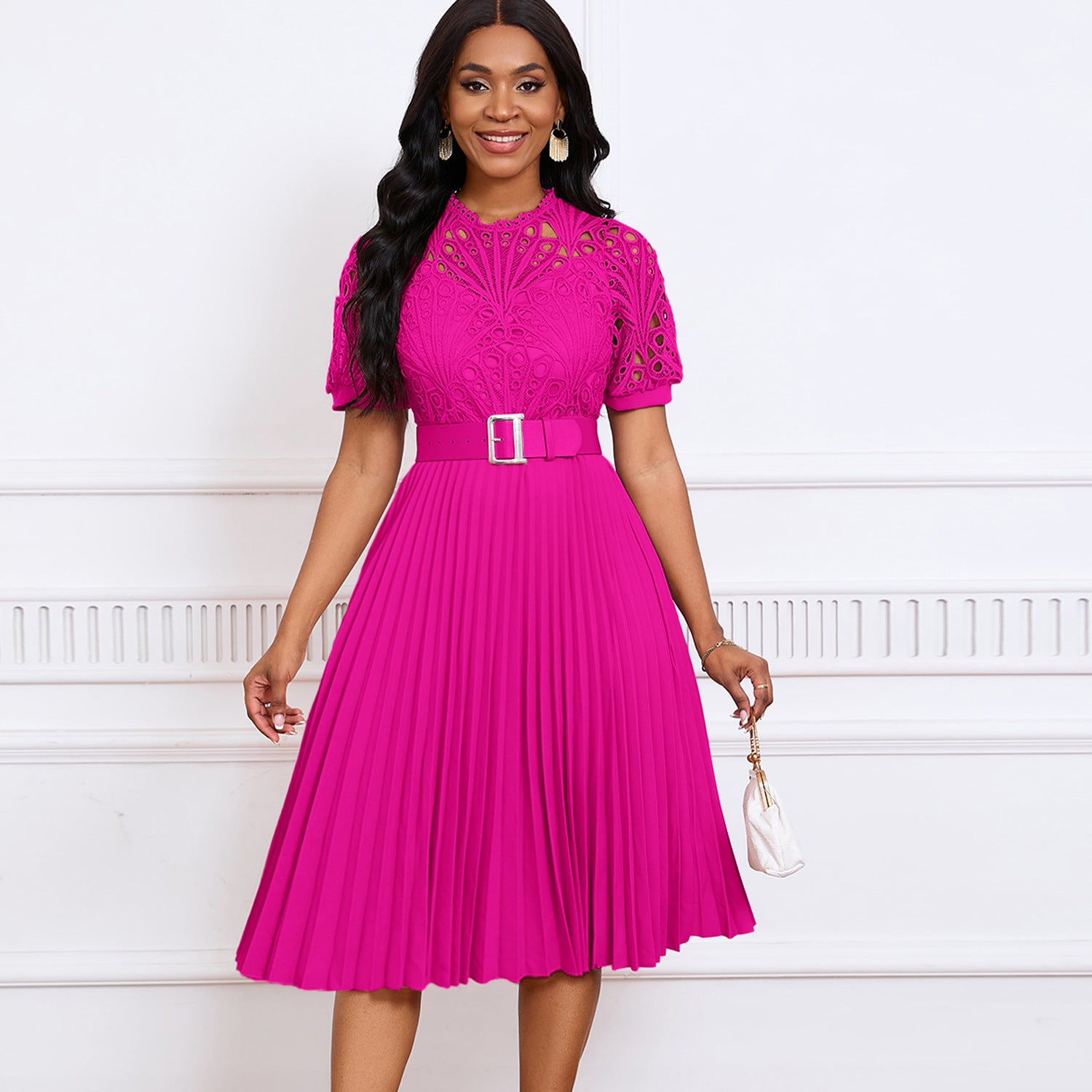 Women Short Sleeve Lace Patchwork Pleated African Dress 6