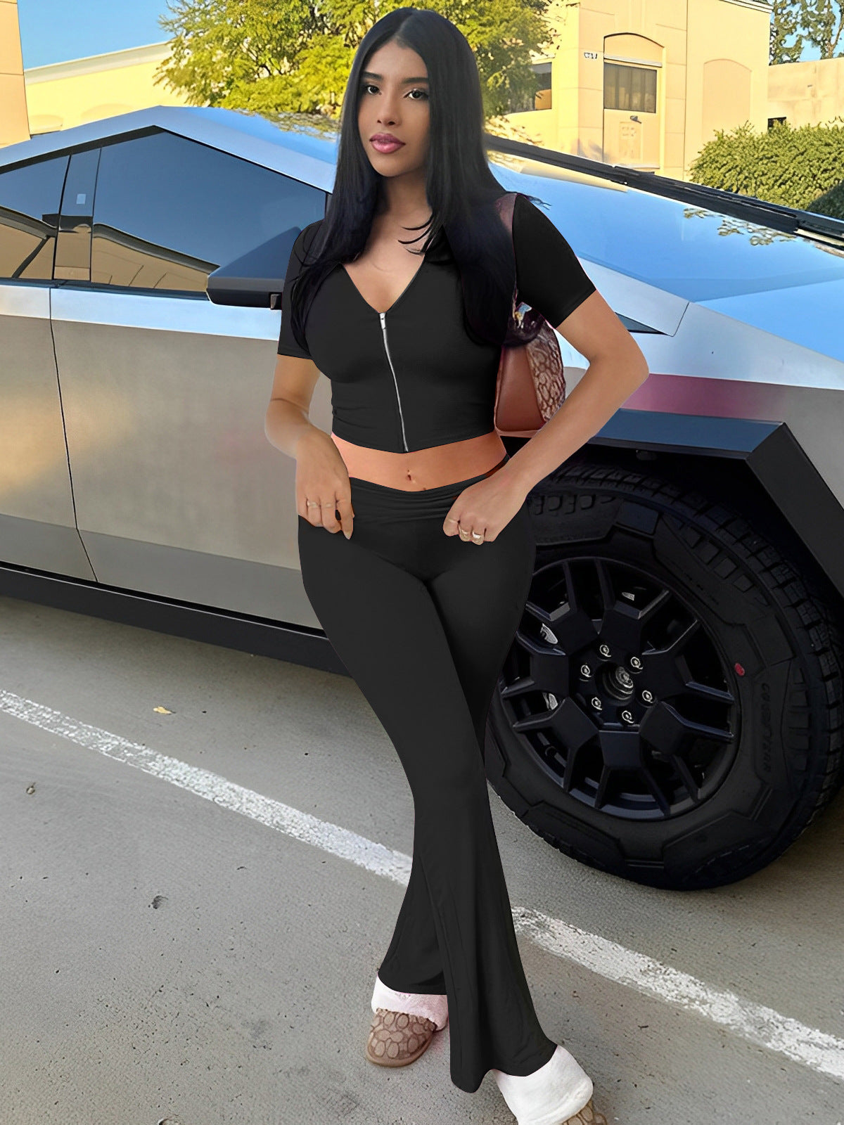 Women Spring Zipper Short Sleeve Hooded Top and Bell Bottom Pants Two-Piece Set 5