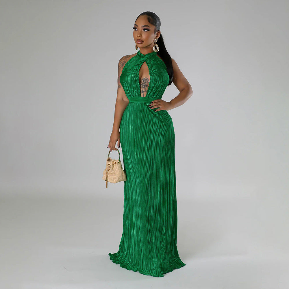 Women's Sexy Solid Color Halter Low Back Pleated Dress 3