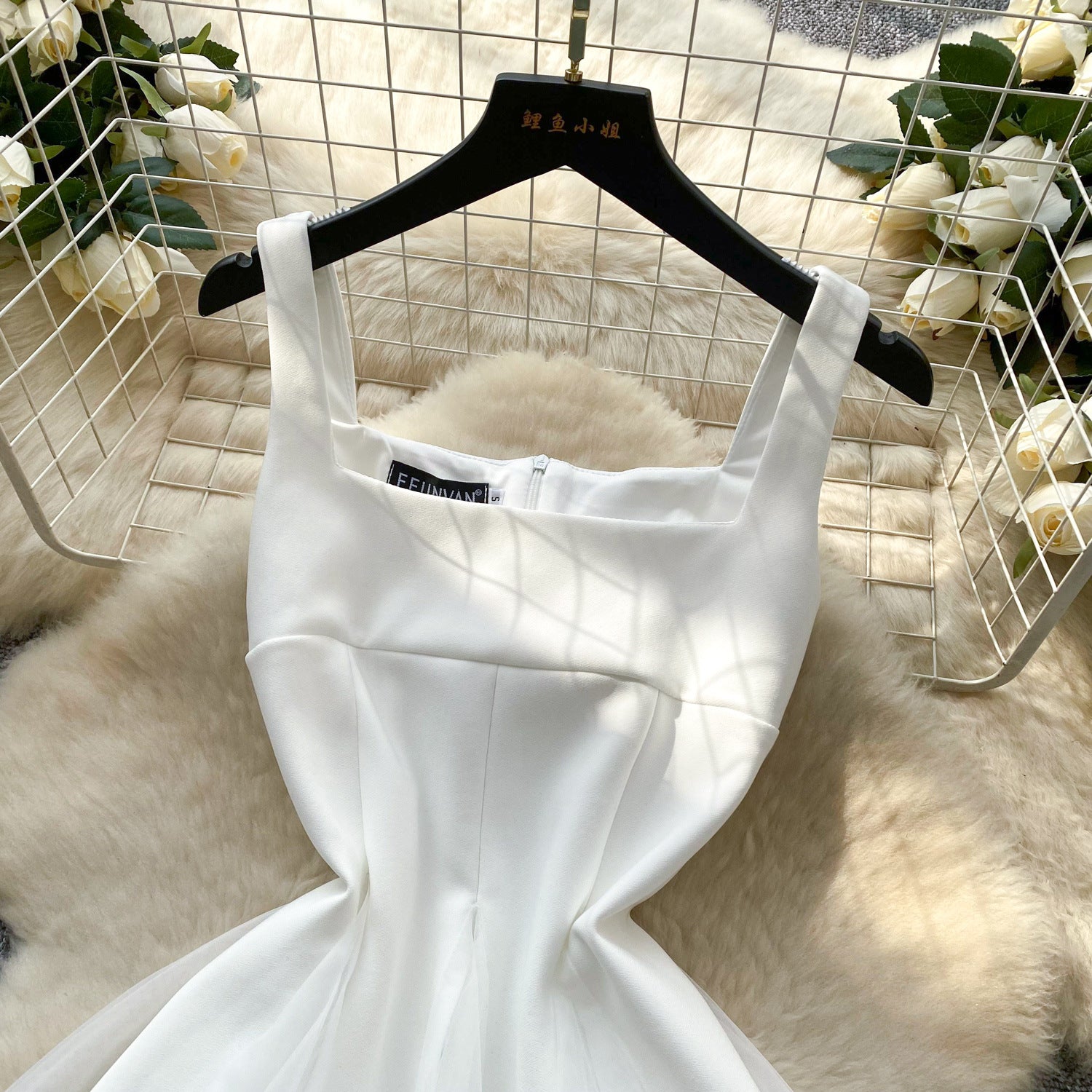 Women's Summer Square Neck Strap Mesh Patchwork Puffy Long Dress 24