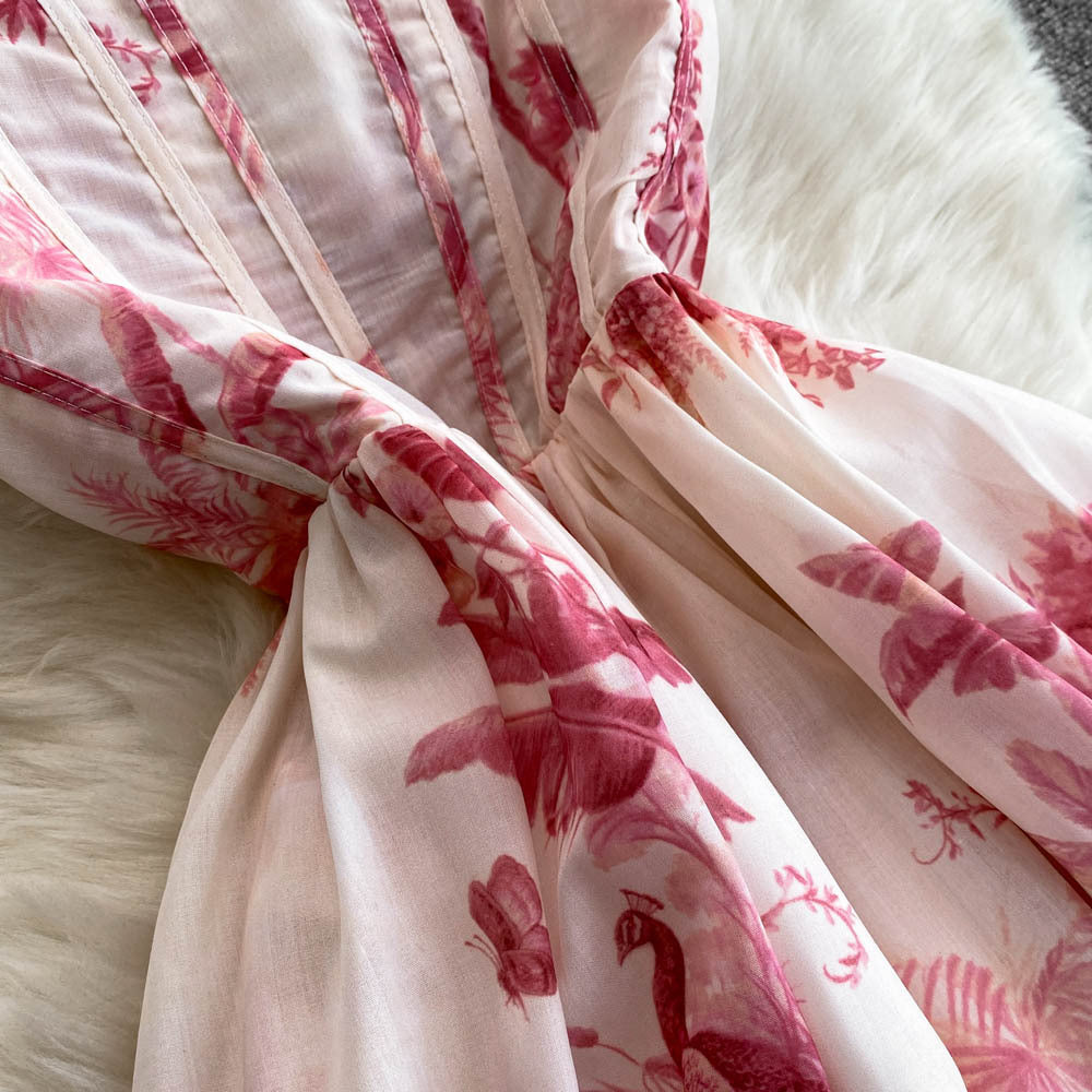 Women's Summer Printed Strap Elegant Slim Waist Long Dress 11