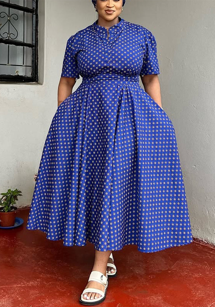 Summer Plus Size Women's Short Sleeved V neck Bohemian Polk Dot Print Long Dress